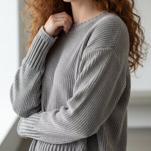 PJ Salvage Long Sleeve Gray Velour Sweater Cozy Knit Ribbed Crew Neck Pullover